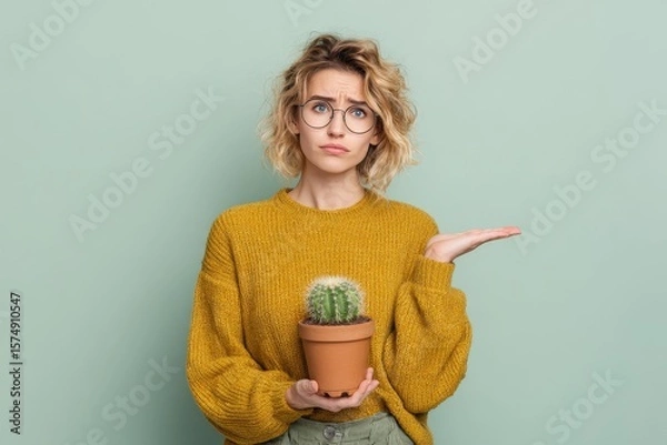 Obraz upset woman 30 years old holding cactus in pot in hand on light background