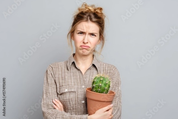 Obraz upset woman 30 years old holding cactus in pot in hand on light background