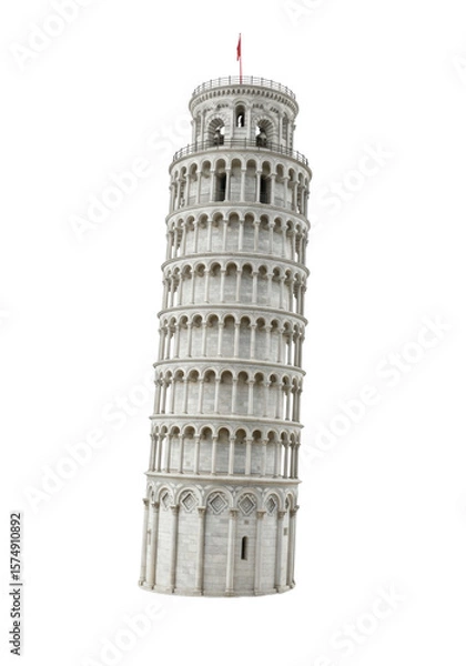 Obraz The iconic Leaning Tower of Pisa, an ancient white marble bell tower with intricate arches, elegant columns, and characteristic tilt, isolated against a transparent studio background with no shadows,