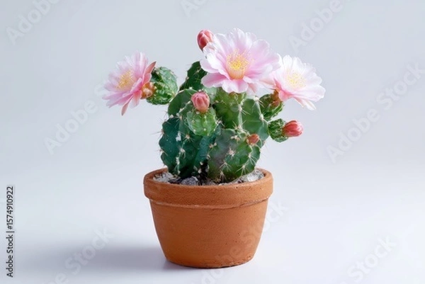 Obraz flowering potted cactus on white background, minimalistic