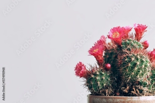 Obraz flowering potted cactus on white background, minimalistic, copy space