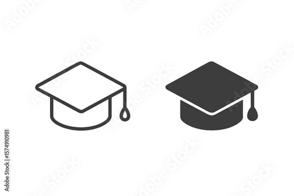 Fototapeta Icon of a graduation cap, available in line, glyph, outline, and filled vector versions, representing an academic cap in linear and full pictogram styles, serving as an education symbol and logo