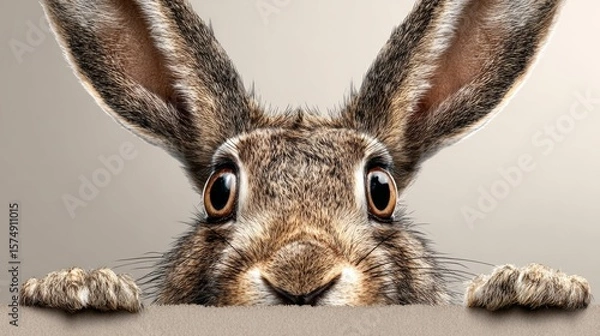 Obraz Funny hare peeks out and eavesdrops on the light background