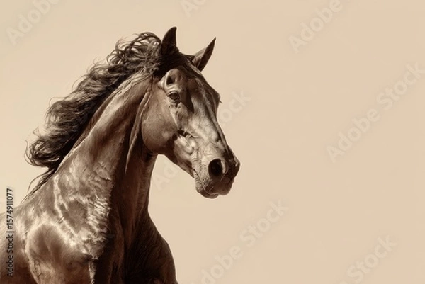 Obraz purebred horse brown color on beige background, copy space, symbol of 2026 year