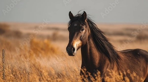 Obraz purebred horse brown color against field, copy space, symbol of 2026 year, strength