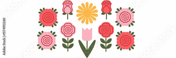 Obraz Vector flower icon set with roses, daisies, and tulips in circular layout