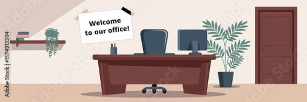 Obraz Cozy office setup with welcome note, desk, and potted plant