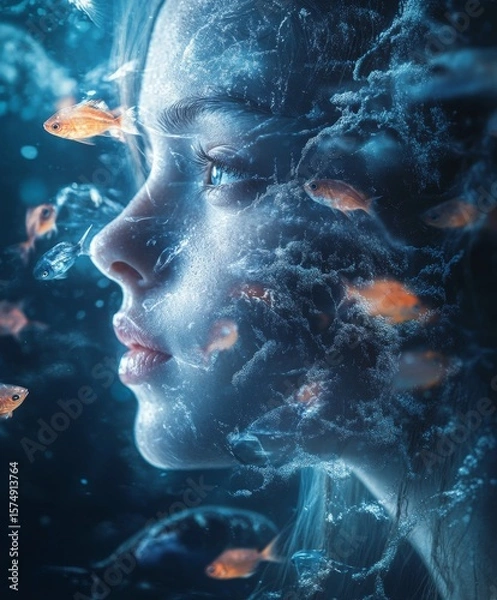 Obraz Surreal underwater profile of a woman surrounded by glowing fish and swirling water patterns, blending reality and fantasy in a dreamy, ethereal aquatic scene with magical, soft blue tones.