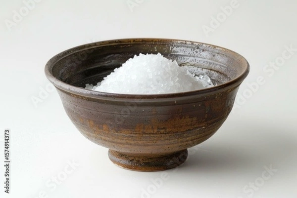 Fototapeta Coarse sea salt crystals are piled high in a rustic brown bowl, creating a striking contrast against the clean white background