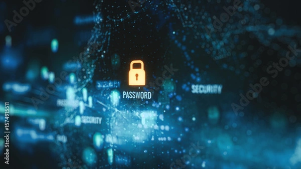 Fototapeta Cybersecurity Visualization with Glowing Lock Icon and Password Highlight – Futuristic Digital Data Protection Network

