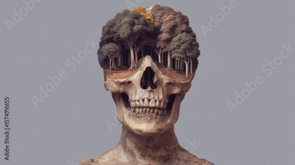 Fototapeta Human skull with forest inside head symbolizing nature and life cycle with surreal artistic style
