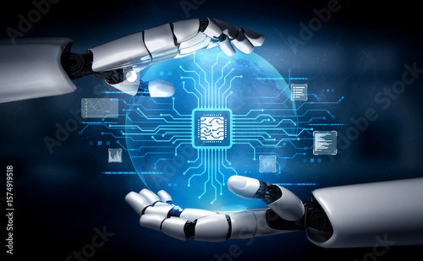 Fototapeta AI Assistant Brain Processor with LLM Technology, Big Data, Machine Learning, Generative AI for Business Support, Future Agentic AI Technology and Artificial Intelligence Prompt Engineering. Vouch