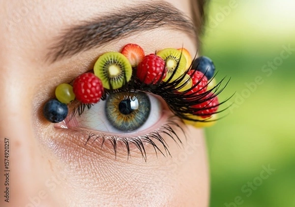 Fototapeta Fruity Eyelashes: Creative Close-Up of an Eye Adorned with Miniature Fresh Fruits as Eyelashes, Symbolizing Healthy Beauty, Artistic Makeup, and Vibrant Nature Concepts.