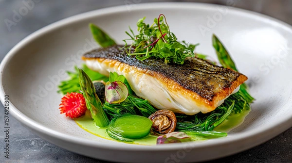 Obraz Gourmet dish with pan-seared fish fillet and colorful vegetables in elegant plating presentation