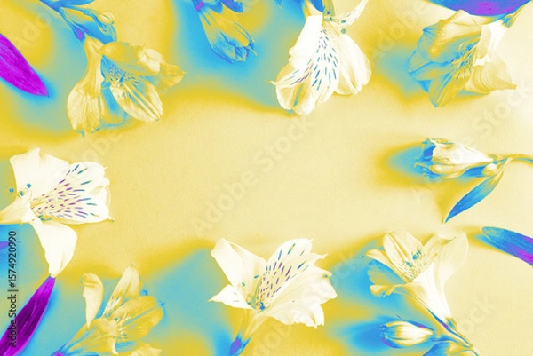 Fototapeta Digitally enhanced white flowers with surreal color glow on bright yellow background and central copyspace for design