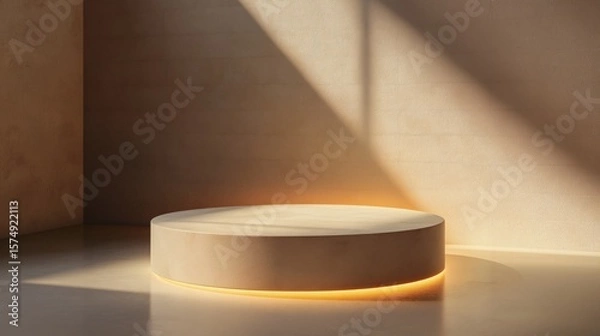 Fototapeta Minimal Beige Podium with Warm Morning Light and Subtle Shadows.
