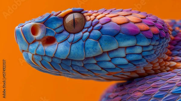 Obraz Close-up of a brightly colored snake with vivid blue and purple scales on an orange background