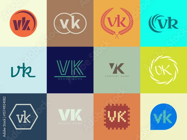 Fototapeta VK logo company template. Letter v and k logotype. Set different classic serif lettering and modern bold text with design elements. Initial font typography.