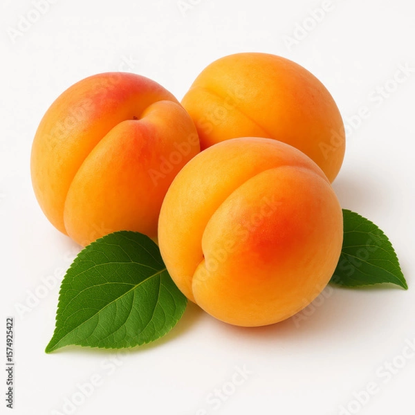Fototapeta Three ripe apricots with leaves isolated on white background