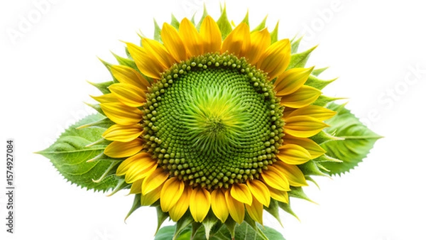 Fototapeta Close up of a young sunflower bud with bright yellow petals and fuzzy green sepals isolated on a transparent background