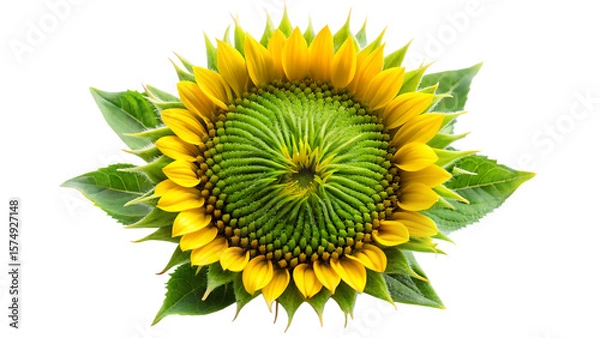 Fototapeta Close up of a partially opened sunflower bud with fuzzy green sepals and yellow petals isolated on a transparent background