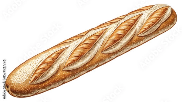Fototapeta Detailed illustration of a golden brown French baguette with scoring marks in a stippling style isolated on a transparent background