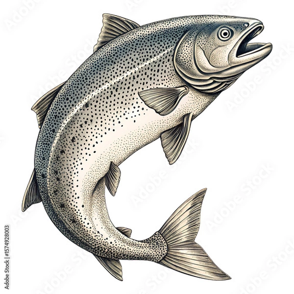 Fototapeta Detailed illustration of a leaping Atlantic salmon fish with black spots and silver scales isolated on a transparent background