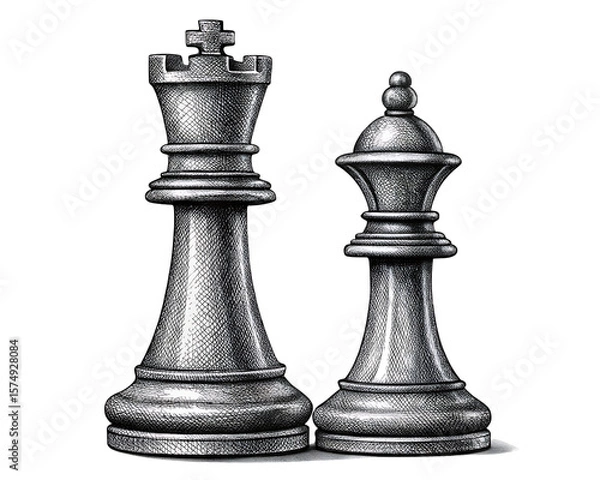 Fototapeta Detailed pen and ink drawing of a silver king and queen chess pieces isolated on a transparent background