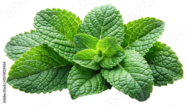 Fototapeta Fresh green mint leaves with textured surfaces and serrated edges isolated on a transparent background