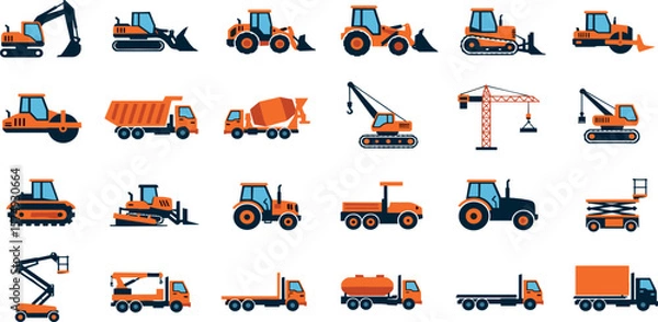 Fototapeta Construction vehicle line icon set. Vector pictograms of bulldozer, loader, grader, paver, roller, lowboy hauler, utility, concrete mixer, thin linear illustration