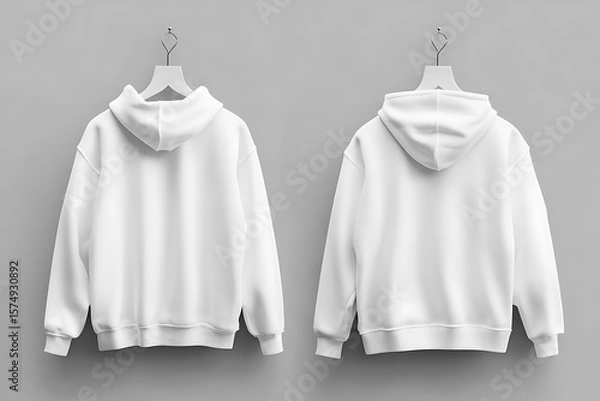 Fototapeta Stylish white hooded sweatshirt showcased from the back on a hanger against a gray backdrop, ideal for fashion design.