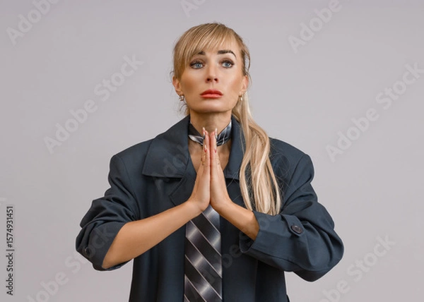 Fototapeta A woman in a dark business suit with a striped tie shows a praying gesture, looking upwards with hope.