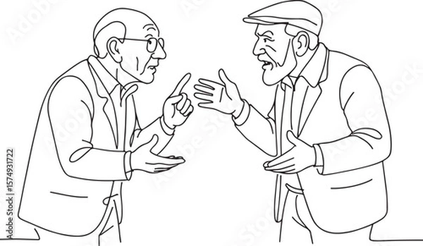 Fototapeta Two Old Men Engaged in Lively Discussion Line Drawing on White