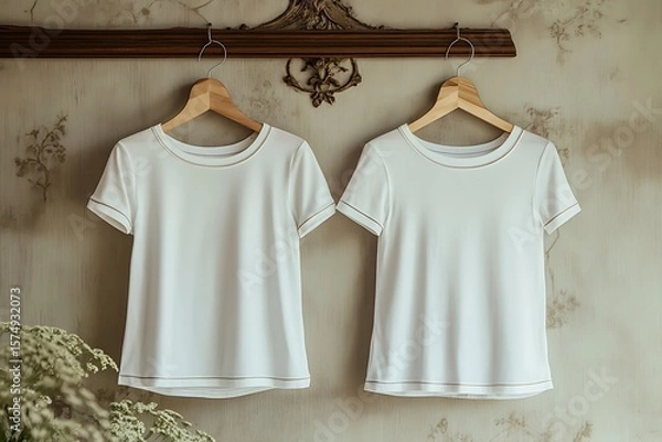 Fototapeta Two plain white cotton tees hang against a subtly textured wall with decorative elements, ready for branding or a casual lifestyle concept.