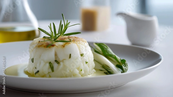Obraz Elegant plated dish of fish and mashed potatoes garnished with rosemary on white plate