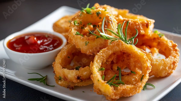 Obraz Crispy golden onion rings served on a white plate with ketchup and garnish