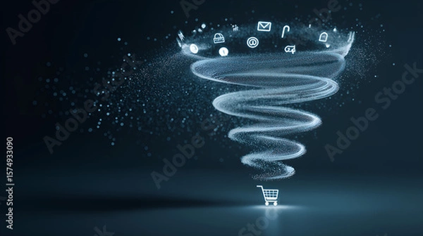 Fototapeta E-commerce Vortex: A swirling vortex of digital icons and data flows into a shopping cart, symbolizing the rapid and dynamic nature of online commerce. 