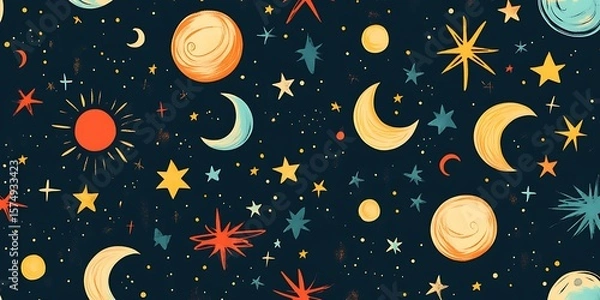 Fototapeta A seamless pattern of gold and silver moons and stars on a black background