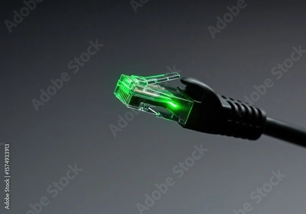 Fototapeta Connected Network: Close-Up of an Illuminated Green Ethernet RJ45 Cable Plug on a Dark Background, Symbolizing Data Connectivity, High-Speed Internet, and Digital Communication.