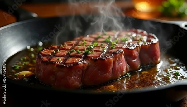 Fototapeta A perfectly cooked steak rests in a cast iron skillet, melting butter on top with a hint of green herbs. The background shows a warm fire, enhancing the inviting atmosphere of the rustic kitchen.