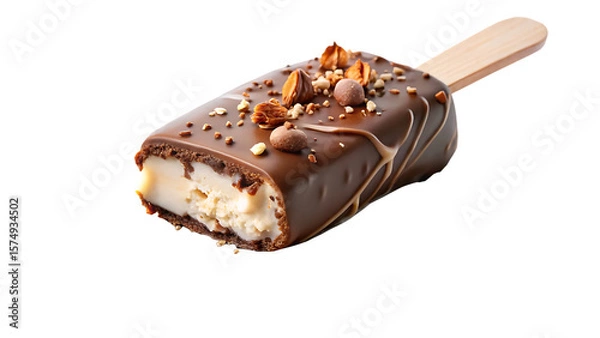 Fototapeta Chocolate covered vanilla ice cream bar with nuts and drizzle isolated on a transparent background chocolate coating