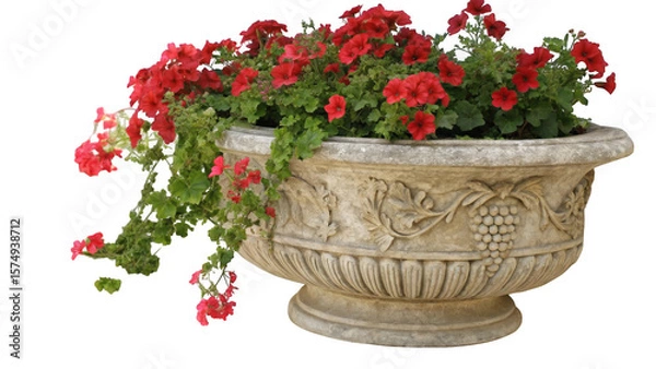 Fototapeta Elegant stone planter overflowing with vibrant red geraniums and green foliage isolated on transparent background