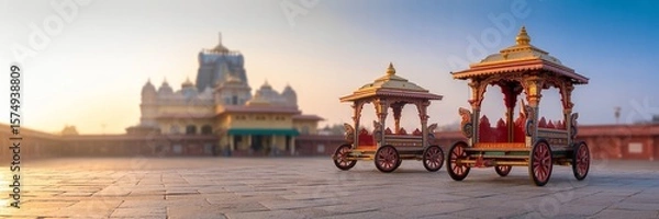 Fototapeta Rath Yatra, Ornate Indian Chariots Stand Before a Grand Temple Under a Soft, Golden Sky