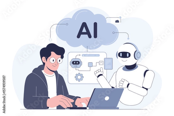 Fototapeta  AI Collaboration Scene – Human Engineer and Intelligent Robot Developing Software with Chatbot Symbol, AI Cloud, and Digital Process Chart in Minimal Blue Vector Design

