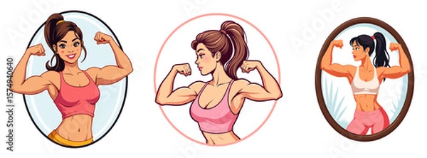 Fototapeta Young woman flexing muscles in mirror and showing strength  