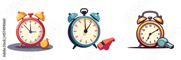 Fototapeta Stopwatch and whistle on table in colorful illustrated style  