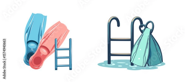 Fototapeta Swim fins beside pool ladder with towel hanging on rod  