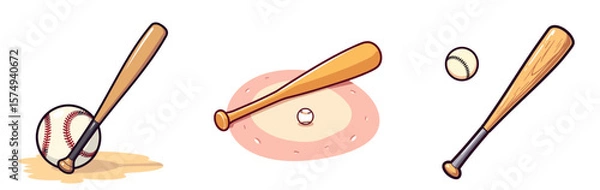 Fototapeta Illustration of baseball bat, ball, and base in playful style  