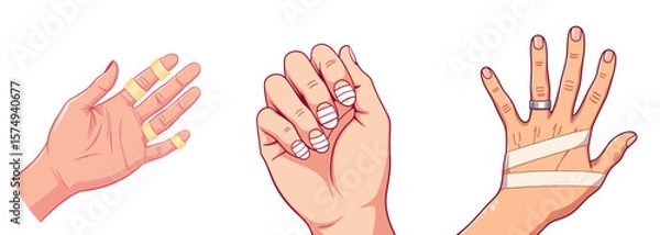 Fototapeta Taped fingers in close-up shot of various hand positions and styles  
