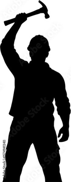 Fototapeta Silhouette of a Construction Worker Holding a Hammer High A Powerful Image Representing Labor, Craftsmanship, and Building